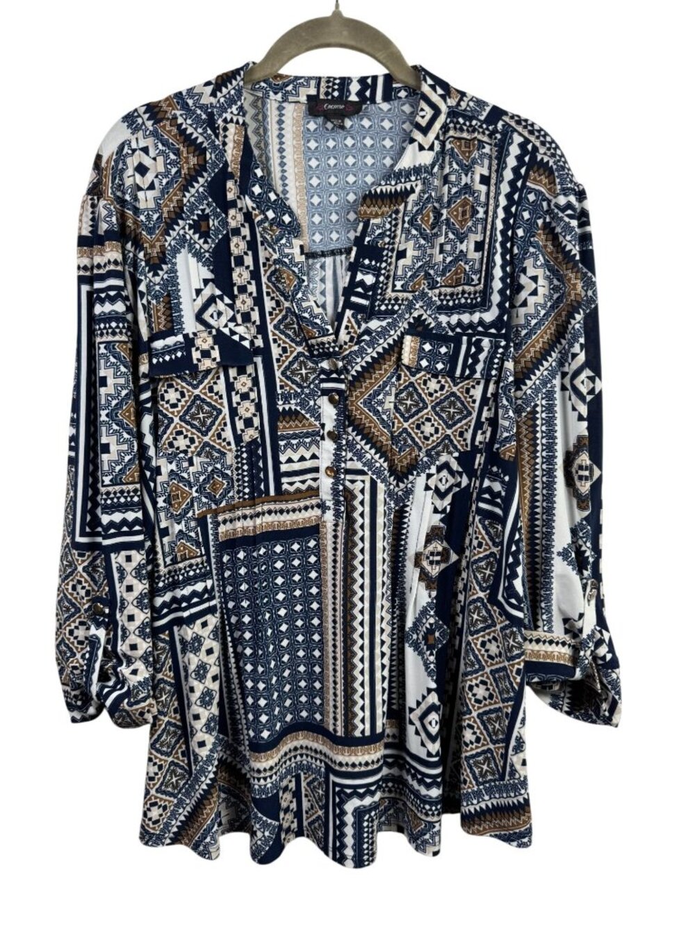Cocomo Womens Boho Geometric Tunic Blouse 3/4 Sleeve XL blue Brown Liquid Knit